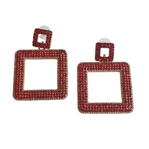 Red Acrylic Rhinestone Square Statement Earrings Pierced Posts Lightweight